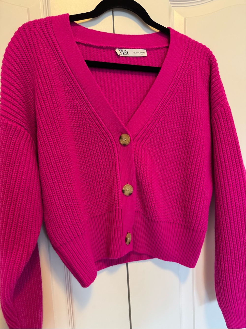 Zara Bright Fuchsia Ribbed V-Neck Button Cardigan